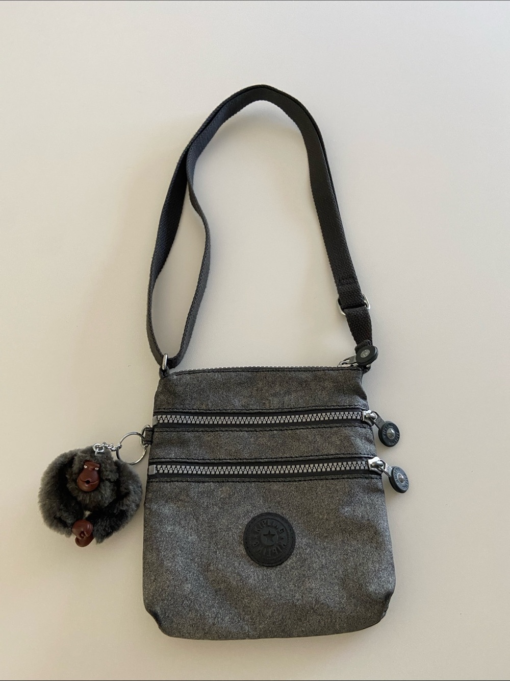 Kipling Alvar XS Metallic Gray Mini Crossbody Monkey Charm